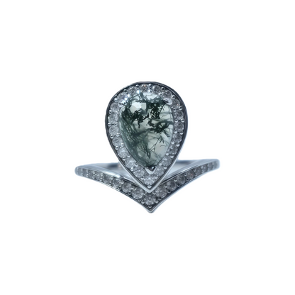 Teardrop-Shaped Seaweed Agate Ring