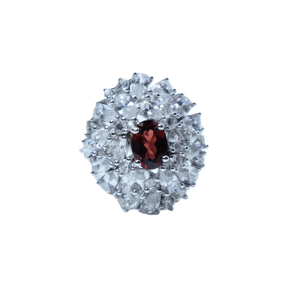 Large Flower Garnet Sterling Silver Ring | White Gold-Plated Zirconia Accent Adjustable Ring
