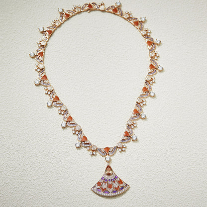 Contrasting Color Enamel Fan Necklace Enamel - 18K Gold Plated | Bo Cheng Jewelry