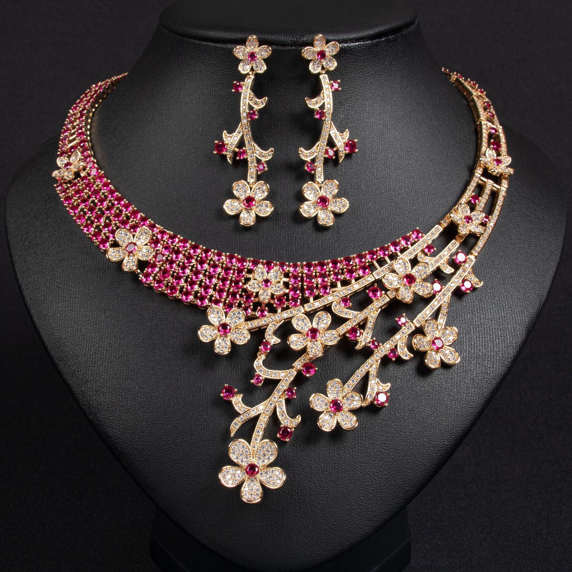 Ruby Corundum Necklace Earrings Set 18K Gold Plated Wholesale