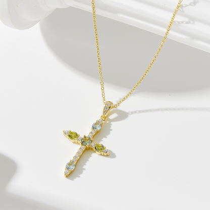 S925 Sterling Silver European and American Style Cross Pendant Necklace with Colorful Zirconia for W
