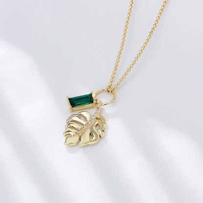 925 sterling silver Emerald zircon tree leaf pendant necklace women's all-match European and America