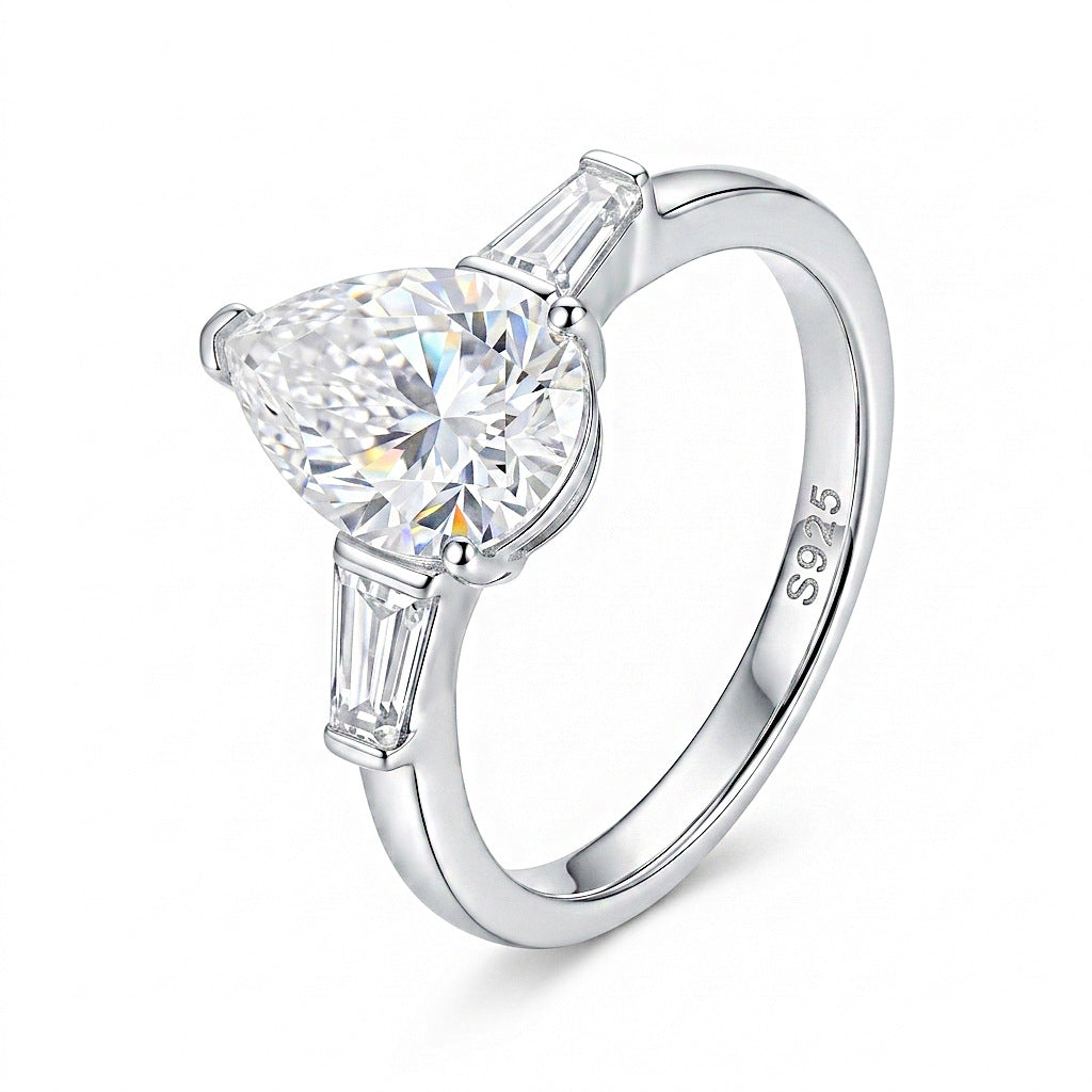 925 Silver Three-Stone Water Drop Ring | Moissanite or CZ