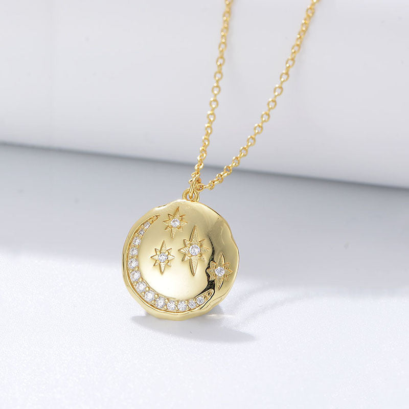 s925 sterling silver round coin star moon necklace European and American ins style diamond-embedded