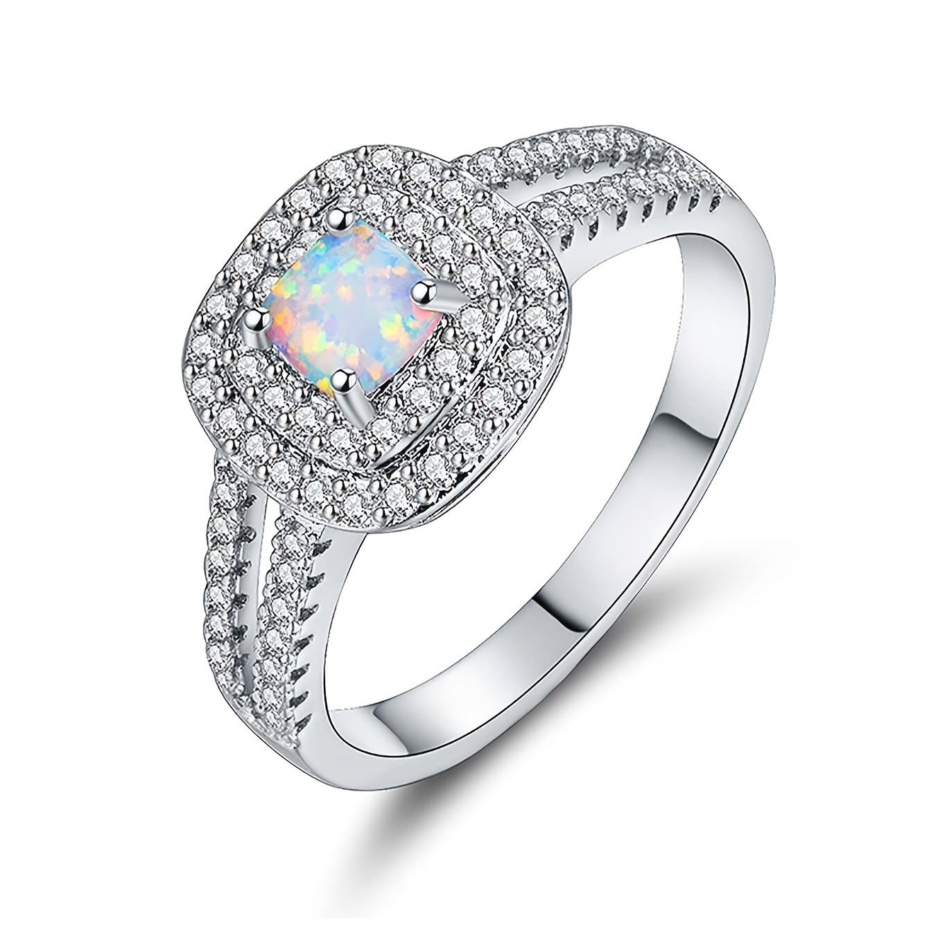 Full CZ Diamond-Encrusted White Fire Opal Ring｜Wholesale Opal Jewelry | Bo Cheng Jewelry