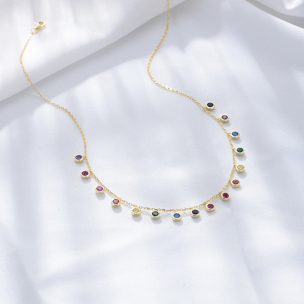s925 sterling silver colorful round zircon necklace female European and American cross-border colorf