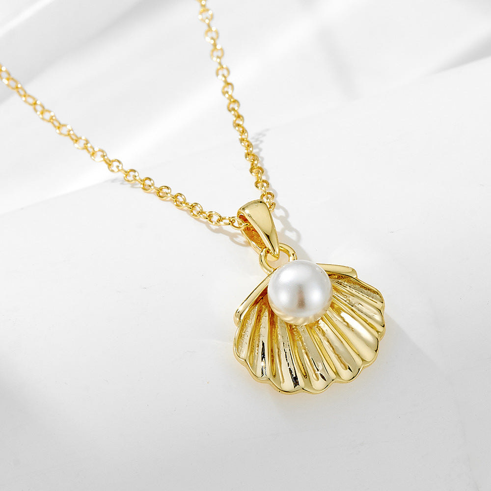 S925 Sterling Silver Plated 14K Gold Pearl Shell Necklace Women's Elegant Elegant European and Ameri