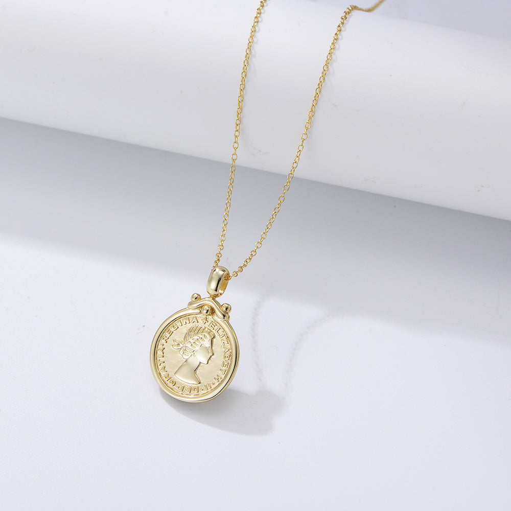 S925 Sterling Silver Elizabeth Portrait Coin Embossed Necklace European and American ins Style Fashi