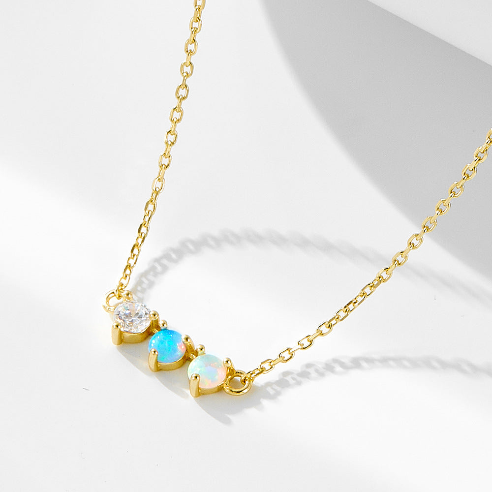 Colorful Opal sterling silver necklace for women European and American cross-border light luxury fashion simple all-match clavicle chain