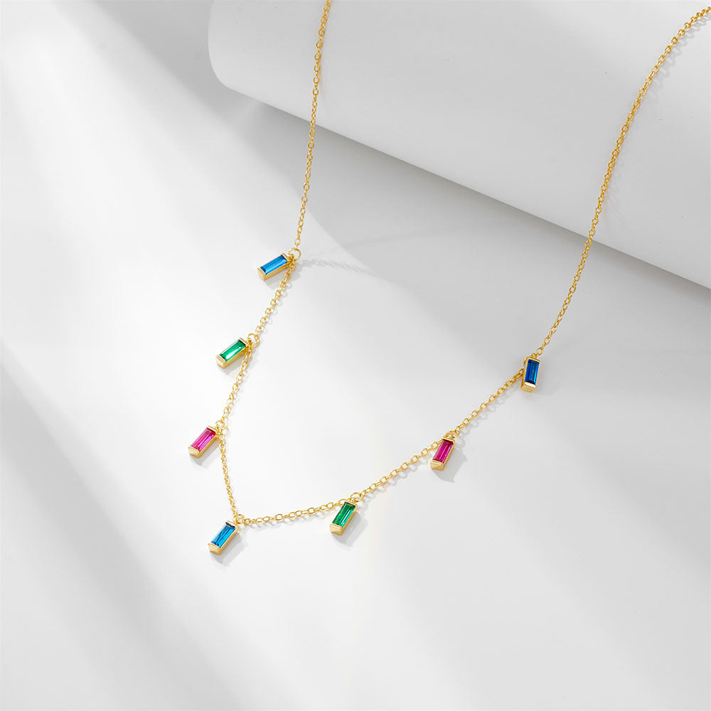 S925 Sterling Silver Geometric Small Square Rainbow Zircon Pendant Necklace for Women European and A