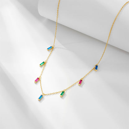 S925 Sterling Silver Geometric Small Square Rainbow Zircon Pendant Necklace for Women European and A