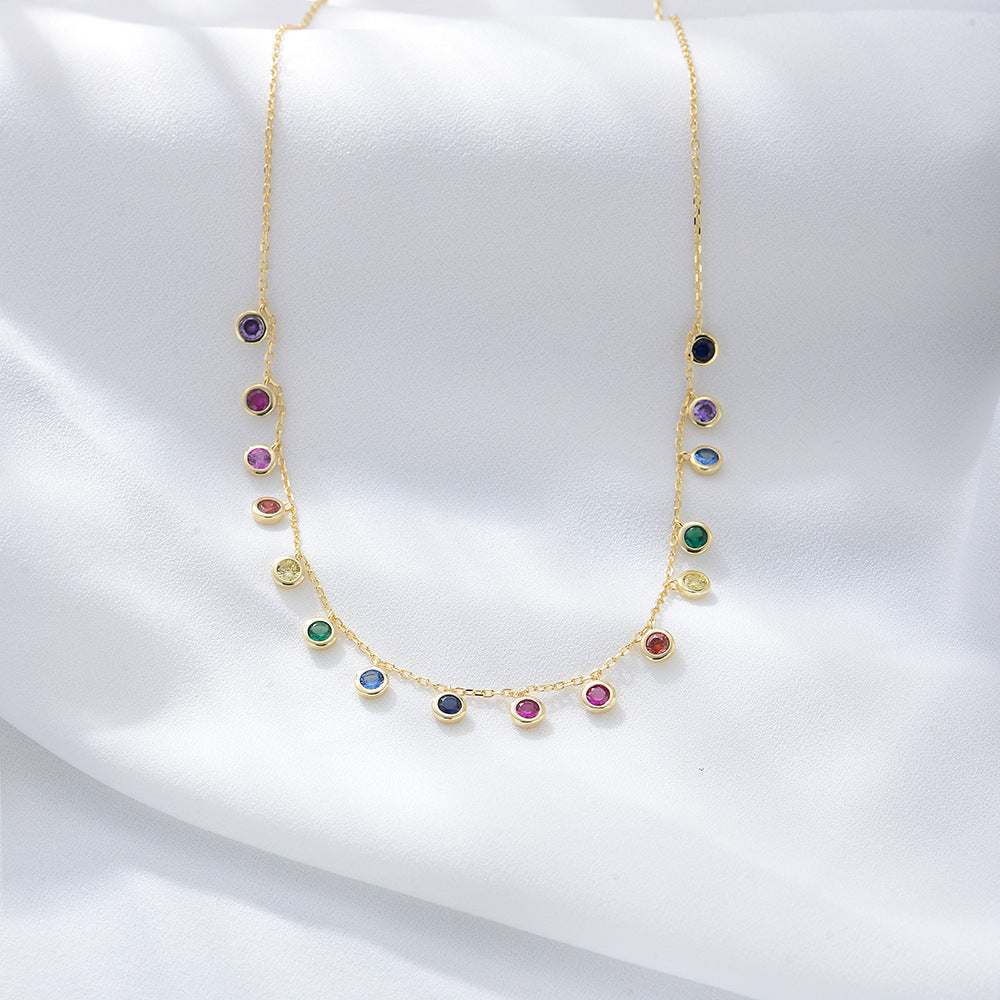 s925 sterling silver colorful round zircon necklace female European and American cross-border colorf