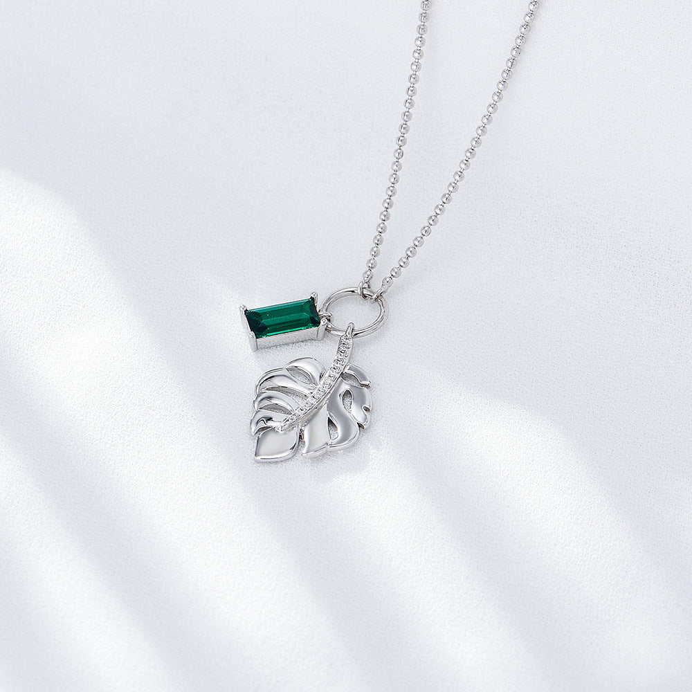925 sterling silver Emerald zircon tree leaf pendant necklace women's all-match European and America