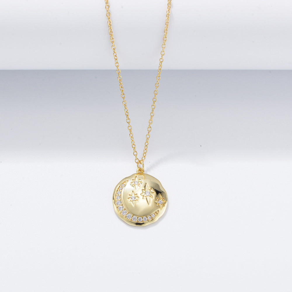 s925 sterling silver round coin star moon necklace European and American ins style diamond-embedded