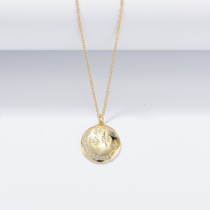 s925 sterling silver round coin star moon necklace European and American ins style diamond-embedded