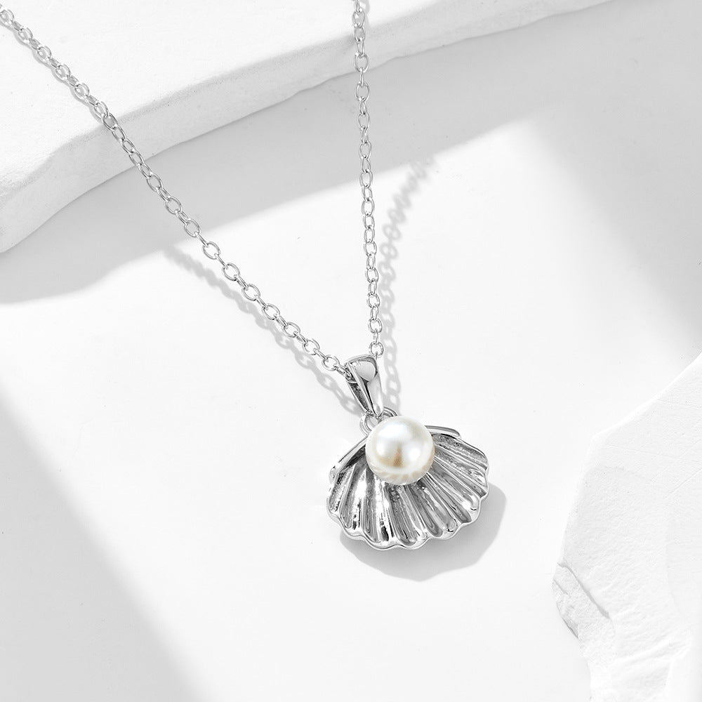 S925 Sterling Silver Plated 14K Gold Pearl Shell Necklace Women's Elegant Elegant European and Ameri