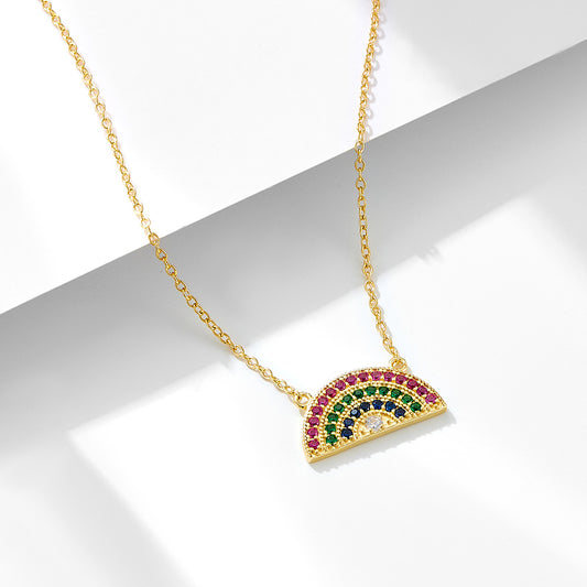 S925 Sterling Silver Geometric Semicircle Rainbow Zircon Necklace Pendant European and American Cros
