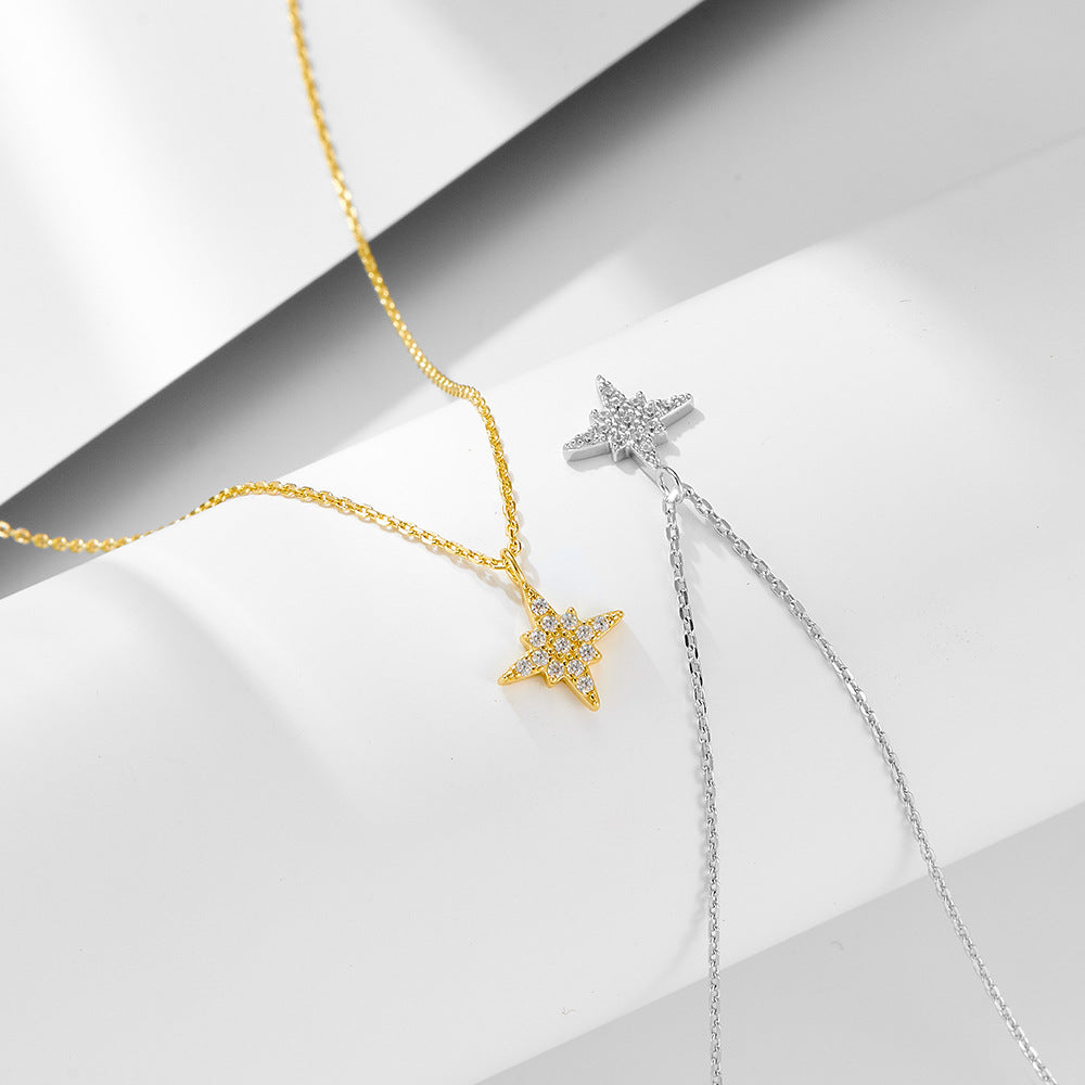 New style full diamond eight Awn star pure silver necklace female European and American ins niche de