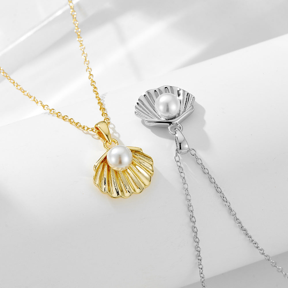 S925 Sterling Silver Plated 14K Gold Pearl Shell Necklace Women's Elegant Elegant European and Ameri