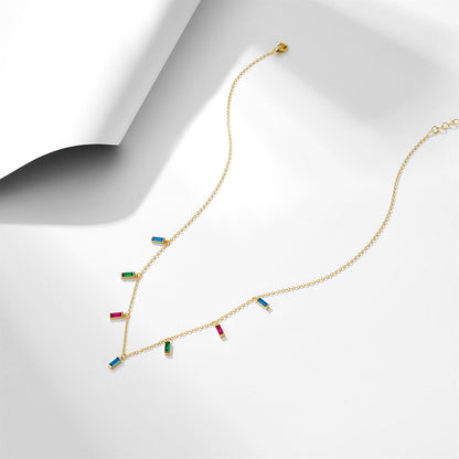 S925 Sterling Silver Geometric Small Square Rainbow Zircon Pendant Necklace for Women European and A