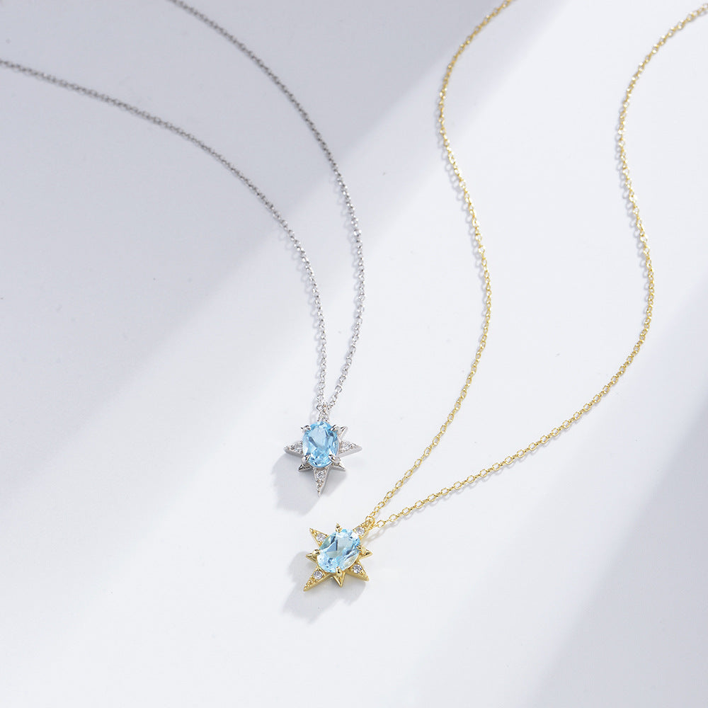 S925 Sterling Silver Bamang Star Pendant Japanese Style Simple Sky Blue Natural Topaz Clavicle Chain