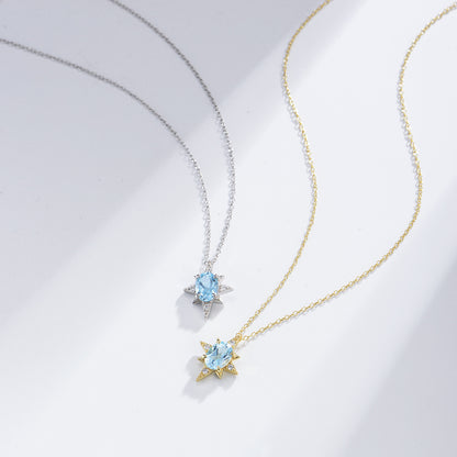 S925 Sterling Silver Bamang Star Pendant Japanese Style Simple Sky Blue Natural Topaz Clavicle Chain