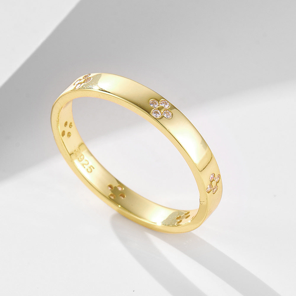 Wholesale 925 Sterling Silver Four-Leaf Clover Zircon Ring Ins Style Light Luxury