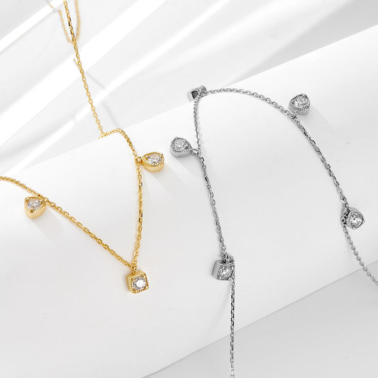 European and American Cross-border Geometric Small Square Zircon Pendant Necklace Women's S925 Sterl