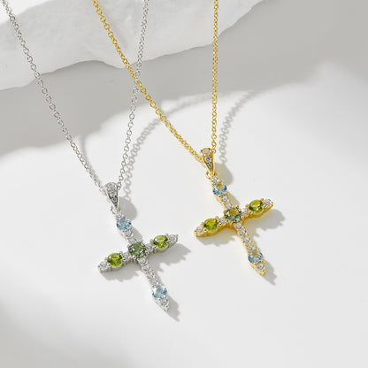 S925 Sterling Silver European and American Style Cross Pendant Necklace with Colorful Zirconia for W