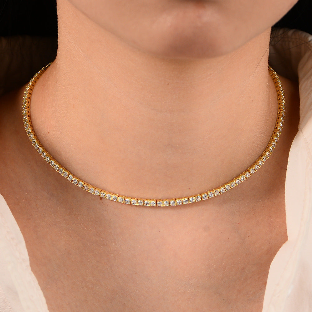S925 Sterling Silver Gold-Plated Full Diamond Tennis Necklace High Qu.5mm Zircon Single Row Necklace 40cm