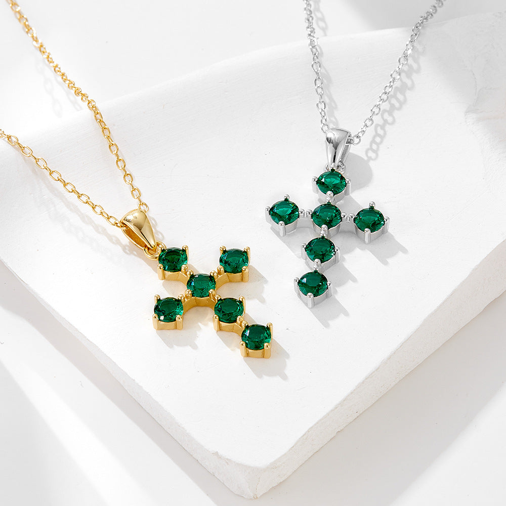 Cross-border European and American Ins Style Retro Light Luxury Emerald Zircon Cross Pendant Necklac