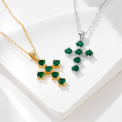Cross-border European and American Ins Style Retro Light Luxury Emerald Zircon Cross Pendant Necklac