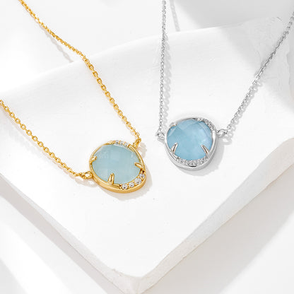Oval Egg-shaped Natural Haibao Sapphire Pendant Sterling Silver Necklace Women's European and Americ