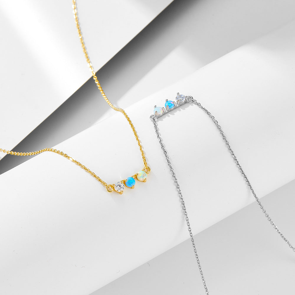 Colorful Opal sterling silver necklace for women European and American cross-border light luxury fashion simple all-match clavicle chain