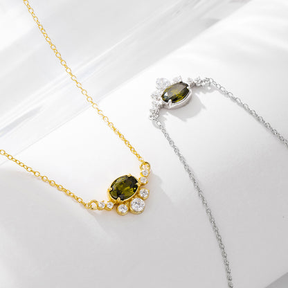 S925 Sterling Silver Egg-shaped Olive Green Zircon Pendant Necklace Women's European and American Cr