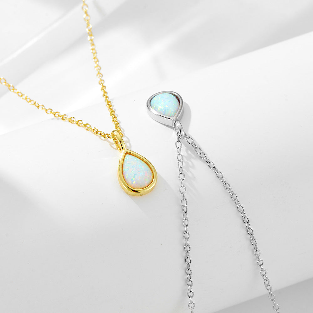 S925 Sterling Silver Geometric Pear-shaped Opal Necklace European and American Light Luxury Ins High