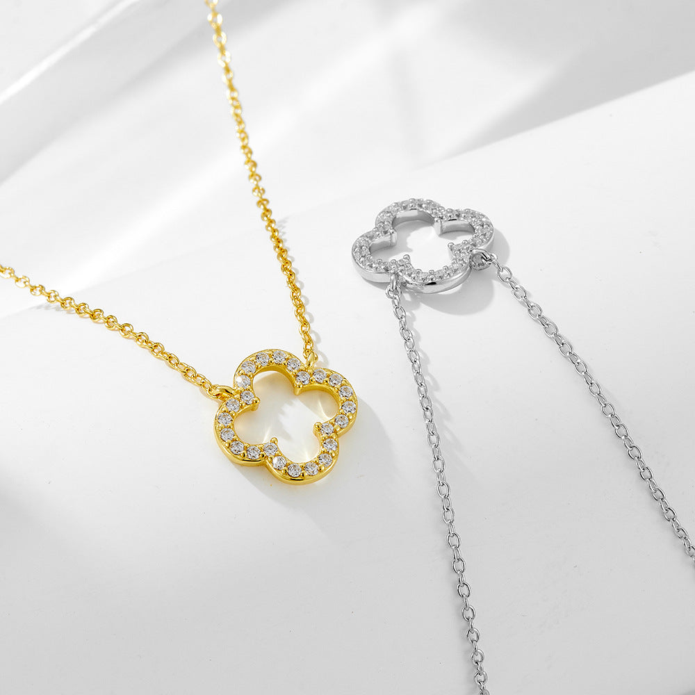 S925 sterling silver fashion temperament hollow diamond four-leaf clover necklace women's European a