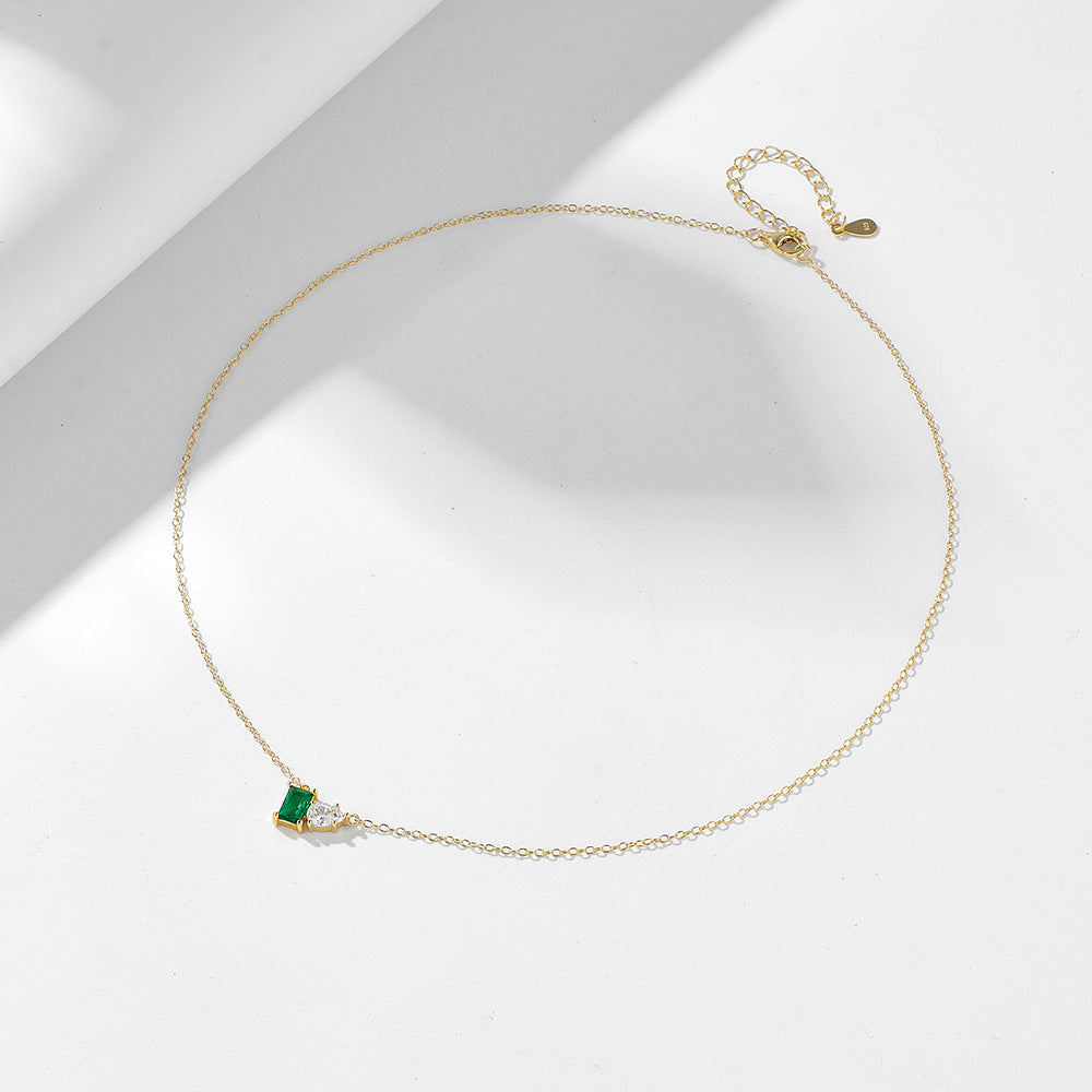 S925 Sterling Silver Inlaid with Emerald Rectangular Water Drop Zircon Necklace for Women European a