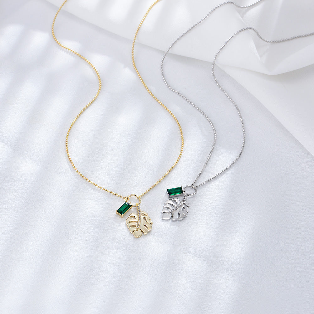 925 sterling silver Emerald zircon tree leaf pendant necklace women's all-match European and America