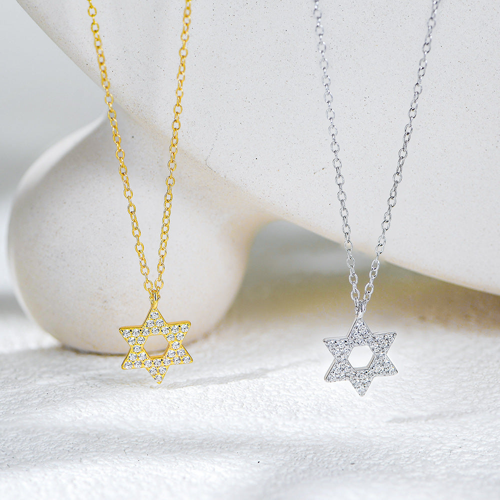 S925 Sterling Silver Diamond Six-Pointed Star Pendant Necklace Women's High-End European and America