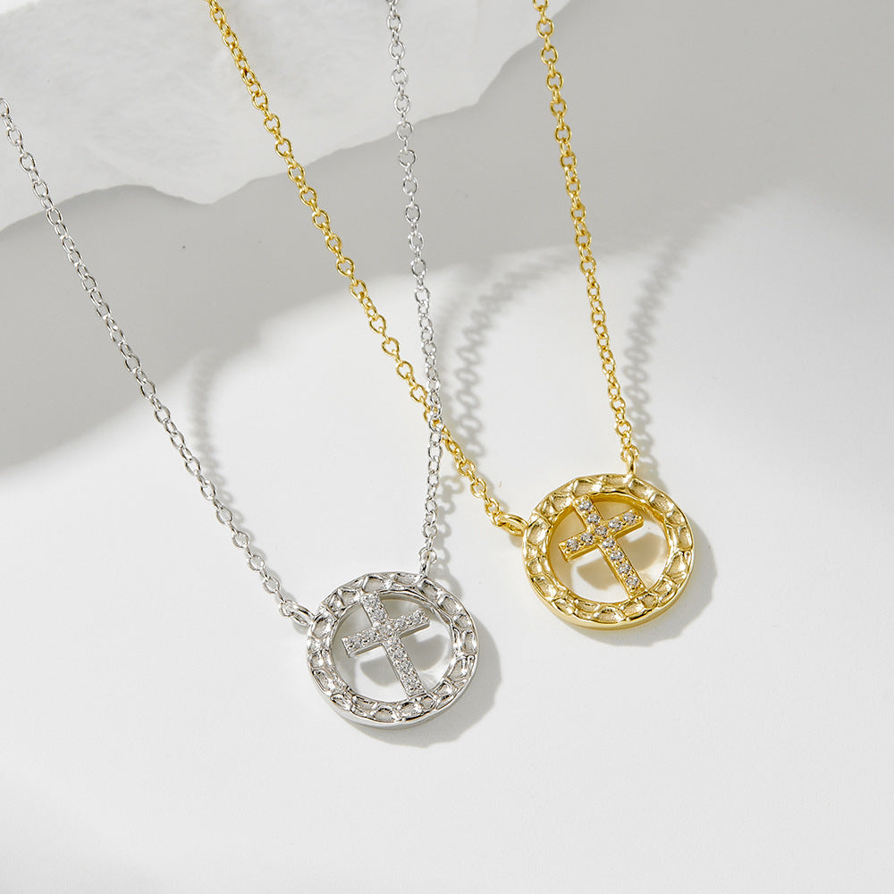 925 Sterling Silver Niche Design Round Hollow Diamond-Encrusted Cross Necklace for Women, European