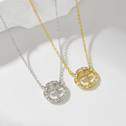 925 Sterling Silver Niche Design Round Hollow Diamond-Encrusted Cross Necklace for Women, European