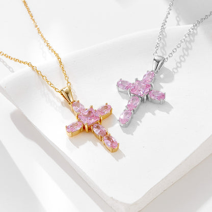S925 Sterling Silver Pink Zircon Cross Necklace Female European and American Niche Design Feeling Te