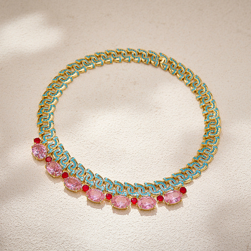 Pink High- Turquoise Intertwined Diamond Necklace - 18K Gold Plated | Bo Cheng Jewelry - View 2