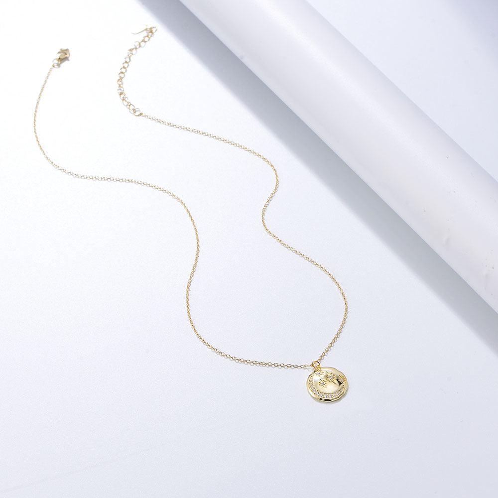 s925 sterling silver round coin star moon necklace European and American ins style diamond-embedded