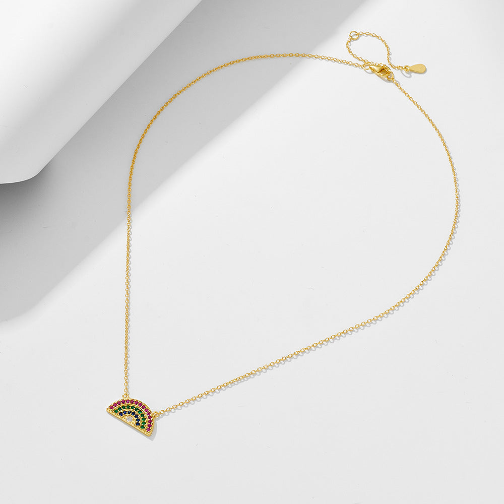 S925 Sterling Silver Geometric Semicircle Rainbow Zircon Necklace Pendant European and American Cros
