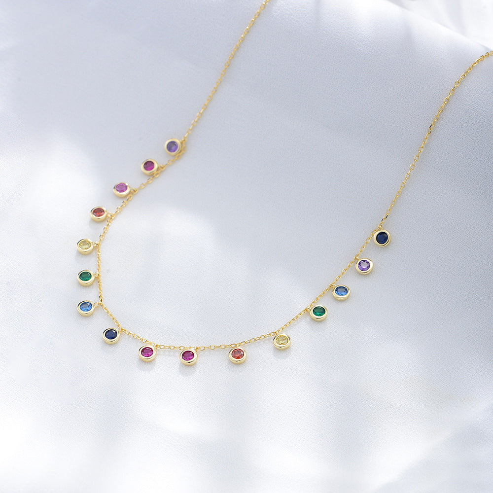 s925 sterling silver colorful round zircon necklace female European and American cross-border colorf