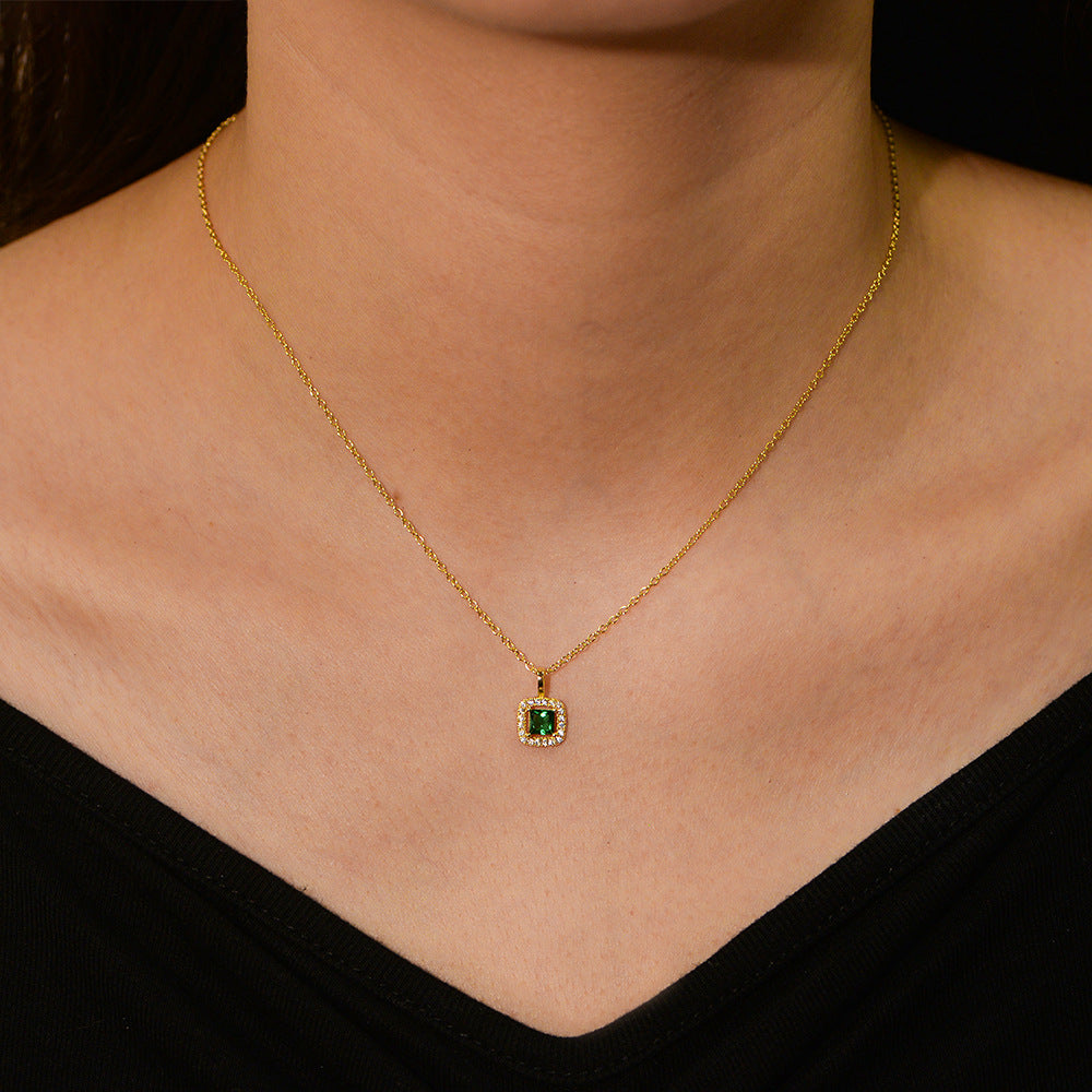 925 Sterling Silver Square Emerald Green CZ Pendant Necklace | Vintage Retro Style | Gold & White | Wholesale | Bo Cheng Jewelry