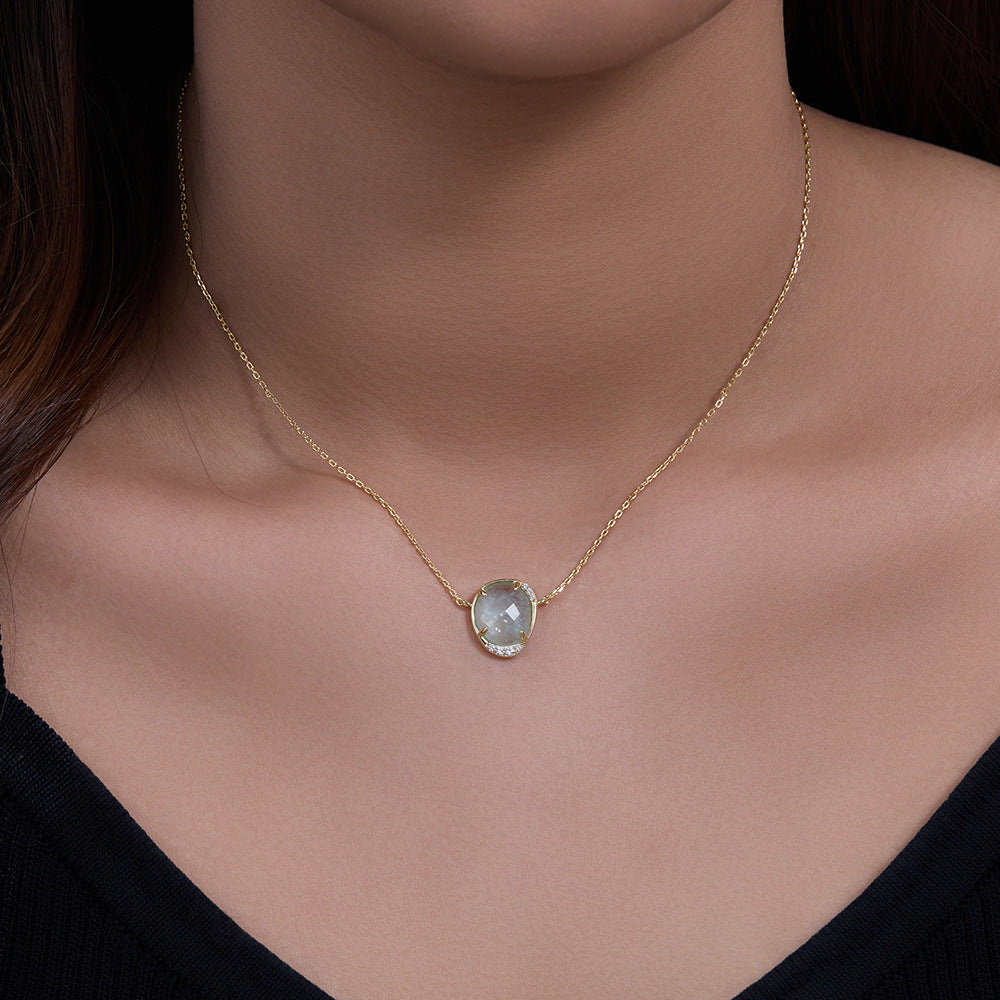 Oval Egg-shaped Natural Haibao Sapphire Pendant Sterling Silver Necklace Women's European and Americ