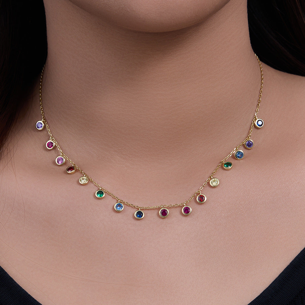 s925 sterling silver colorful round zircon necklace female European and American cross-border colorf